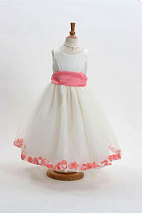 Flower Girl Dress Style 152-Choice of White or Ivory Dress with Coral Sash and Petals