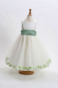 Flower Girl Dress Style 152-Choice of White or Ivory Dress with Sage Green Sash and Petals