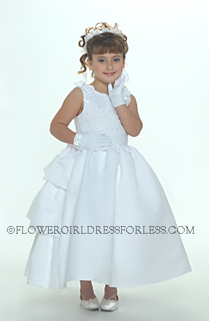 Flower Girl Dress Style 158-White or Ivory Sleeveless Satin Bridal Style Gown With Rolled Flowers An