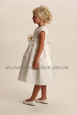 Click to Enlarge - Flower Girl Dress Style 2211- Off White Short Sleeve Silk Dress With Cut Out Hemline
