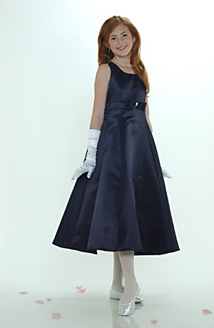 Click to Enlarge - Flower Girl Dress Style 5056- Navy Sleeveless All Satin Empire Waist A Line With Rhinestone Accent B