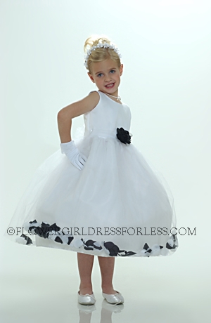 Click to Enlarge - Flower Girl Petal Dress- White or Ivory Sleeveless Satin And Tulle Petal Dress With Black Petals