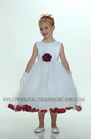 Click to Enlarge - Flower Girl Petal Dress- White or Ivory Sleeveless Satin And Tulle Petal Dress With Burgundy Petals