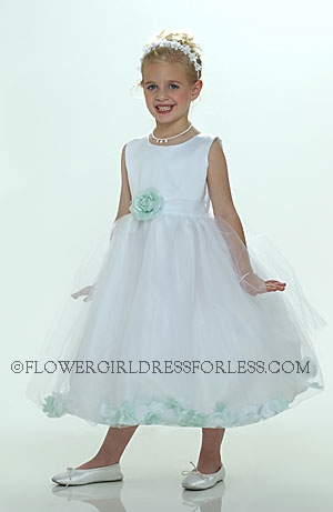 Click to Enlarge - Flower Girl Petal Dress- White or Ivory Sleeveless Satin And Tulle Petal Dress With Celadon Petals