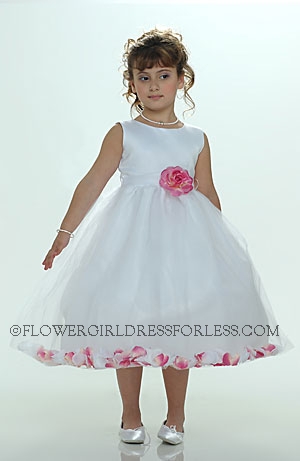 Click to Enlarge - Flower Girl Petal Dress- White or Ivory Sleeveless Satin And Tulle Petal Dress With Hot Pink Petals