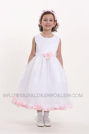Click to Enlarge - Flower Girl Petal Dress- White or Ivory Sleeveless Satin And Tulle Petal Dress With Light Pink Petal