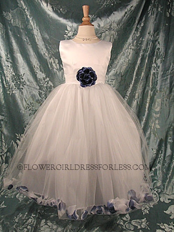 Click to Enlarge - Flower Girl Petal Dress- White or Ivory Sleeveless Satin And Tulle Petal Dress With Navy Petals