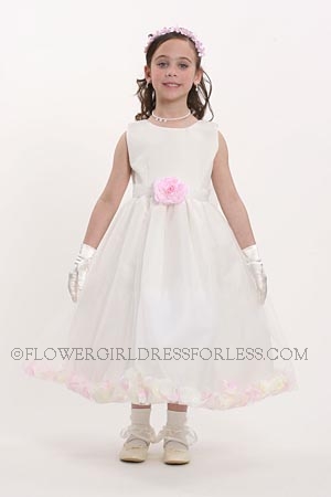 Click to Enlarge - Flower Girl Petal Dress- White or Ivory Sleeveless Satin And Tulle Petal Dress With True Pink Petals