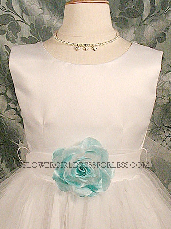 Click to Enlarge - Flower Girl Petal Dress- White or Ivory Sleeveless Satin And Tulle Petal Dress With Turquoise Petals