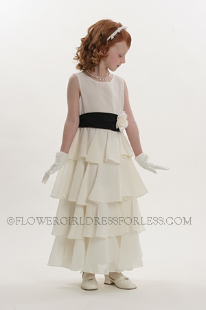 Click to Enlarge - Flower Girl Dress Style 5123- Choice of White or Ivory Crepe Dress with Multi Tiered Skirt with Blac