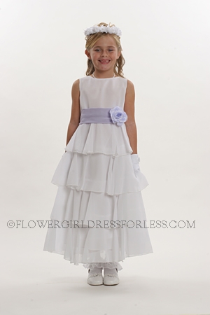 Click to Enlarge - Flower Girl Dress Style 5123- Choice of White or Ivory Crepe Dress with Multi Tiered Skirt with Lila
