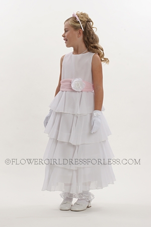 Click to Enlarge - Flower Girl Dress Style 5123- Choice of White or Ivory Crepe Dress with Multi Tiered Skirt with Pink