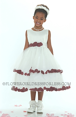 Click to Enlarge - Flower Girl Dress-5151 Ivory Sleeveless Double Layer Satin And Tulle with Burgundy Petal Dress