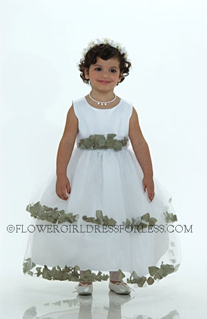 Click to Enlarge - Flower Girl Dress-5151 White Sleeveless Double Layer Satin And Tulle with Sage Green Petal Dress