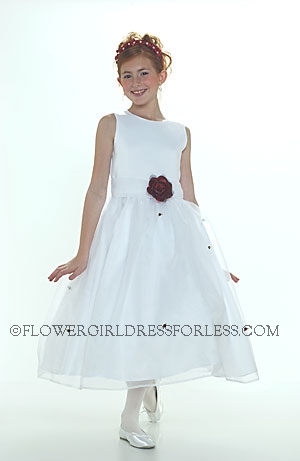 Click to Enlarge - Flower Girl Dress 5166- White or Ivory Sleeveless Satin Bodice With Burgundy Scattered Rosettes On O