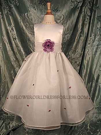 Click to Enlarge - Flower Girl Dress 5166- White or Ivory Sleeveless Satin Bodice With Purple Scattered Rosettes On Org