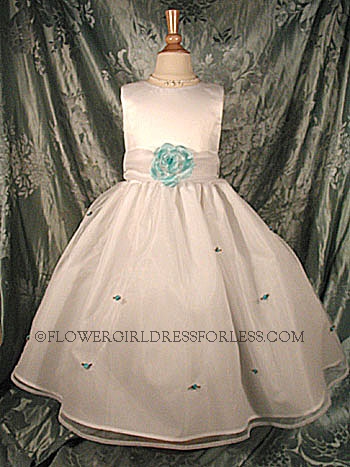 Click to Enlarge - Flower Girl Dress 5166- White or Ivory Sleeveless Satin Bodice With Turquoise Scattered Rosettes On