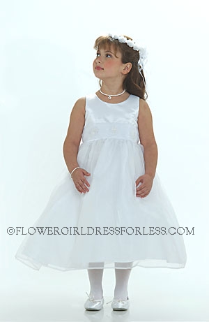 Click to Enlarge - Flower Girl Dress 5191- White Sleeveless Satin Bodice With Organza Overlay Skirt With Applied Flower