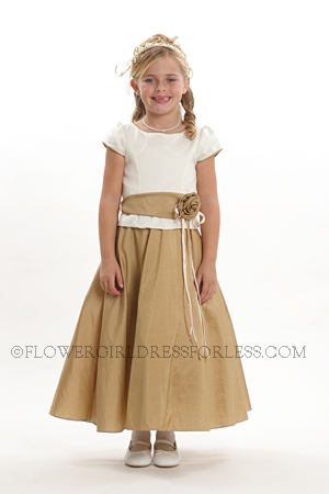 Click to Enlarge - Flower Girl Dress Style 5220- Short Sleeved Ivory and Gold Latte Taffeta Dress