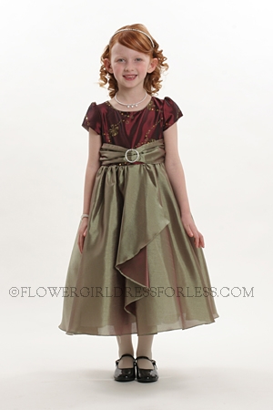 Click to Enlarge - Flower Girl and Party Dress Style 5240- Short Sleeved Burgundy and Green Embroidered Taffeta Dress W