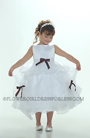 Click to Enlarge - Flower Girl Dress 5295- White or Ivory Sleeveless Satin With Chocolate Brown Ribbons On Pick Up Styl