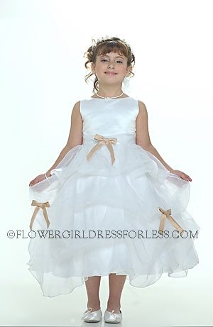 Click to Enlarge - Flower Girl Dress 5295- White or Ivory Sleeveless Satin With Gold Ribbons On Pick Up Style Organza S