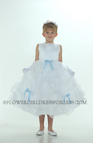 Click to Enlarge - Flower Girl Dress 5295- White or Ivory Sleeveless Satin With Sky Ribbons On Pick Up Style Organza Sk