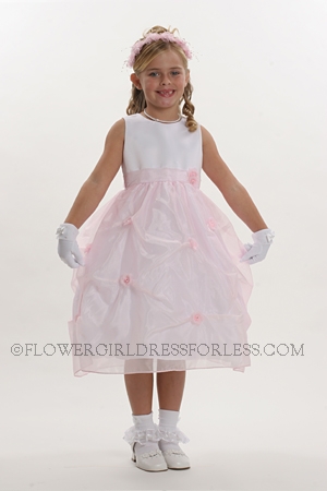 Click to Enlarge - Flower Girl and Party Dress Style 5335- White and Pink Sleeveless Satin Bodice Dress with Organza Pi