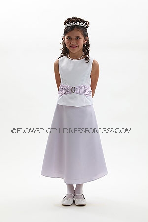 Click to Enlarge - Flower Girl Dress Style 5390- SALE!  White and Lilac Sleeveless Satin 2 Piece Dress