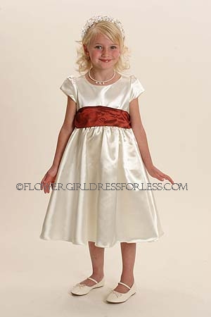 Click to Enlarge - Flower Girl Dress Style 5840-SALE! Ivory Satin Short Sleeved Dress with Choice of 44 Sash Colors!
