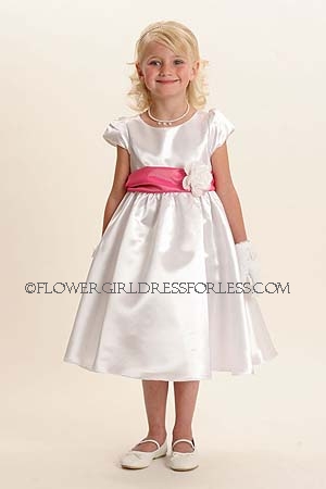 Click to Enlarge - Flower Girl Dress Style 5840-SALE! White Satin Short Sleeved Dress with Choice of 44 Sash Colors!
