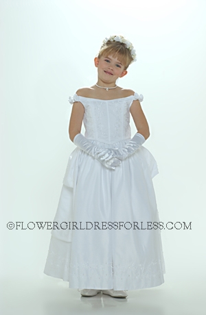 Click to Enlarge - Flower Girl Dress 6005- SALE! White Off Shoulder Corset Styled Bodice With 3 Tier Back