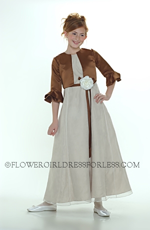 Click to Enlarge - Flower Girl Dress 6273 Latte Brown With Chocolate Brown Jacket- Simple Aline Dress With Satin Jacket