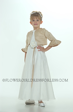 Click to Enlarge - Flower Girl Dress 6273 Ivory Dress with Champagne Jacket- Simple Aline Dress With Satin Jacket