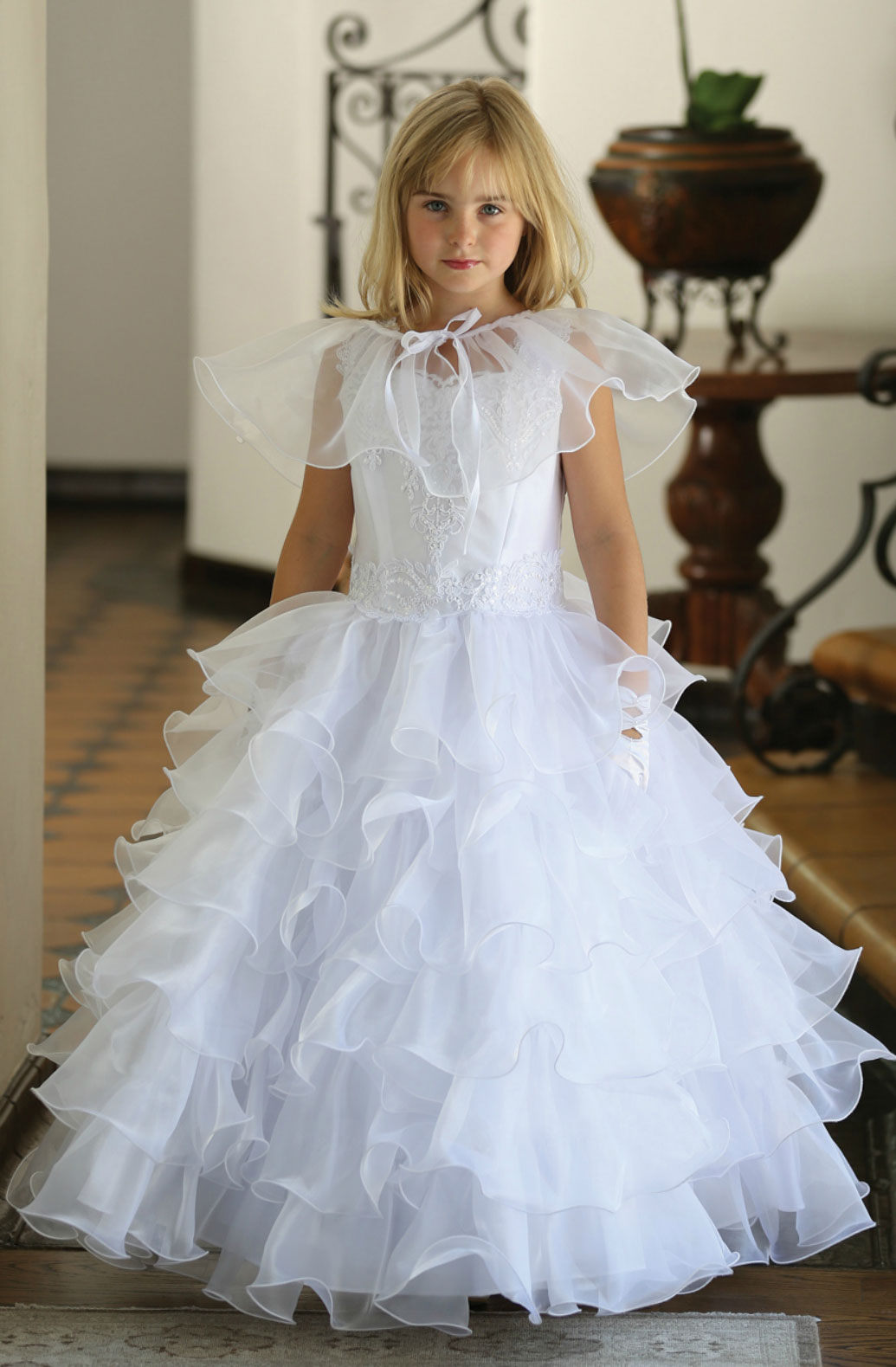 AG_DR1710 - Girls Dress Style DR1710 - WHITE Satin Dress with Multi