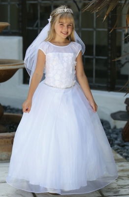 Girls Dress Style DR1758 - WHITE Organza and Taffeta Dress with Floral Accents