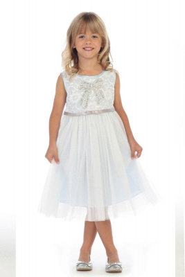 Girls Dress Style DR3193- BLUE Sleeveless Dress with Bow Applique on Bodice