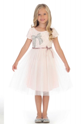Girls Dress Style DR3194- PINK Short Sleeve Dress with Bow Applique on Bodice