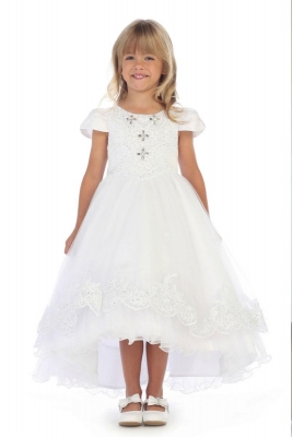 Girls Dress Style DR327- WHITE- Short Sleeve High Low Dress with Sparkle Skirt