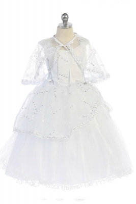 Girls Dress Style DR4203- WHITE Embroidered Organza Dress with Matching Cape