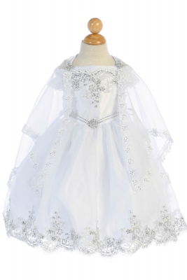 Girls Dress Style DR4208 - Satin and Organza Dress with Cape Our Lady of Guadalupe Embroidery