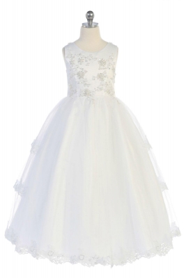 Girls Dress Style DR5211- WHITE Satin Dress with Embroidered Bodice and Tulle Skirt