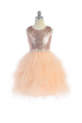 Girls Dress Style DR5225 - BLUSH PINK - Sequined Bodice Party Dress with Handkerchief Hemline