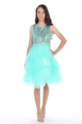 Girls Teen Dress Style DR5225  - AQUA - Sequined Bodice Party Dress with Handkerchief Hemline