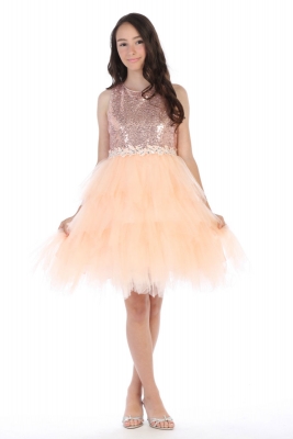 Girls Teen Dress Style DR5225 - BLUSH PINK - Sequined Bodice Party Dress with Handkerchief Hemline
