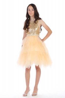 Girls Teen Dress Style DR5225  - CHAMPAGNE - Sequined Bodice Party Dress with Handkerchief Hemline