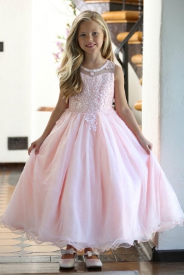 Girls Dress Style DR5241- Satin and Tulle Dress with Beaded Bodice in Blush