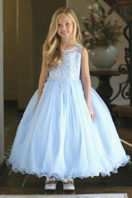 Girls Dress Style DR5241- Satin and Tulle Dress with Beaded Bodice in Blue