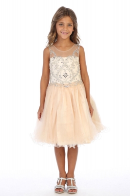 Girls Dress Style DR5264 - CHAMPAGNE Short Beaded Illusion Neckline Party Dress