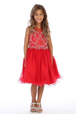 Girls Dress Style DR5264 - RED Short Beaded Illusion Neckline Party Dress